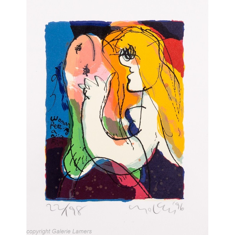 Original Kunst von Michael Leu "Woman petting a nice fish" kaufen Sie Bilder des bekannten amerikanischen Künstlers